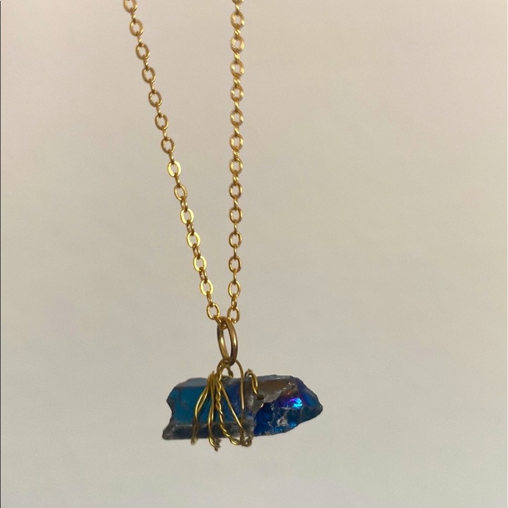 Gold Wire Wrapped Rainbow Crystal Quartz Bullet Pendant on Gold Chain Necklace - Picture 4 of 5